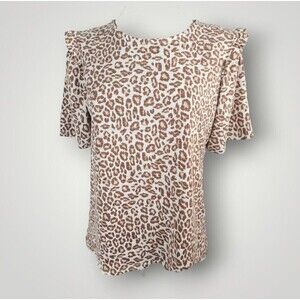 Nine West Women's M Brown Animal Print Poly/Rayon Ruffled Short Sleeve Top